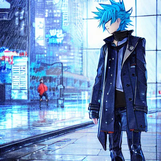 Image similar to a blue haired boy standing in the rain. character design. gesture drawing. line of action. official art, concept art. tetsuya nomura. final fantasy. shigenori soejima ray tracing hdr. 8 k. uhd. sharp focus. close up. highly detailed. masterpiece. cinematic lighting..