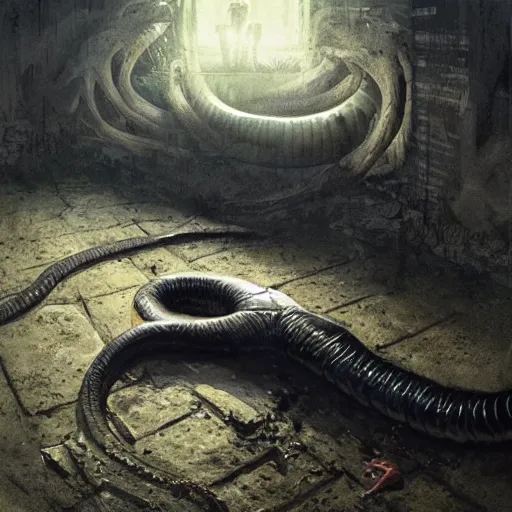 Image similar to a huge anaconda in a dark grave wrapped around a dead body, horror ,digital art,realistic,detailed,art by greg rutkowski