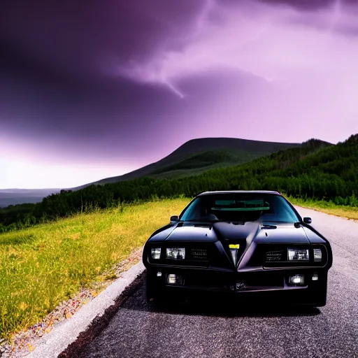 Image similar to black pontiac firebird trans - am driving towards the camera, zerglings running towards the car, norway mountains, valley, lake, dynamic, cinematic, motionblur, volumetric lighting, wide shot, low angle, red glow in sky, large lightning storm