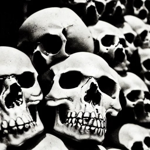 Prompt: Skulls lying on a shelf. Close Up Shot, Dark Fantasy, Film Noir, Black and White. High Contrast, Mike Mignola, D&D, OSR, Glowing