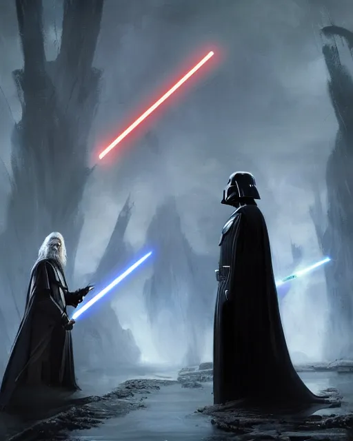 Image similar to ! dream gandalf and darth vader battling with magic and light sabers, greg rutkowski, esuthio, craig mullins, cinematic lighting, gloomy