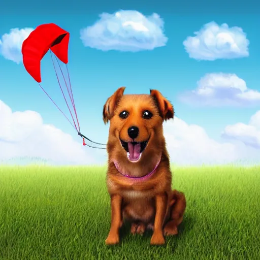 Image similar to photorealistic cute dog with a parachute on a sky background