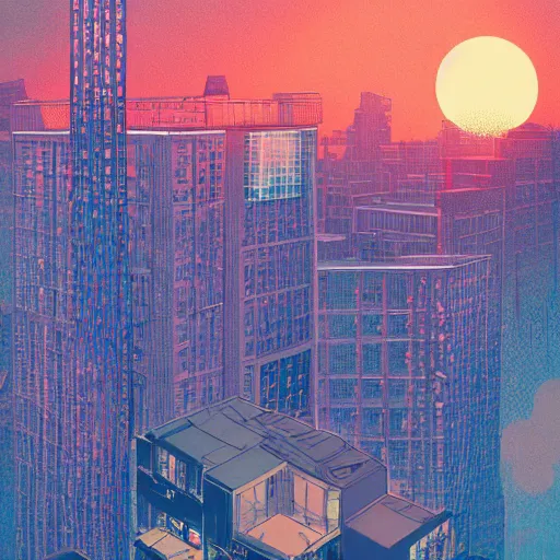 Prompt: A beautiful photo of the sunset behind a tall building , artstation, Long distance shooting , by Victo Ngai