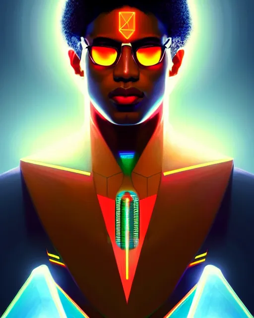 Image similar to symmetry!! egyptian prince of technology, solid cube of light, hard edges, product render retro - futuristic poster scifi, lasers and neon circuits, brown skin man egyptian prince, intricate, elegant, highly detailed, digital painting, artstation, concept art, smooth, sharp focus, illustration, dreamlike, art by artgerm