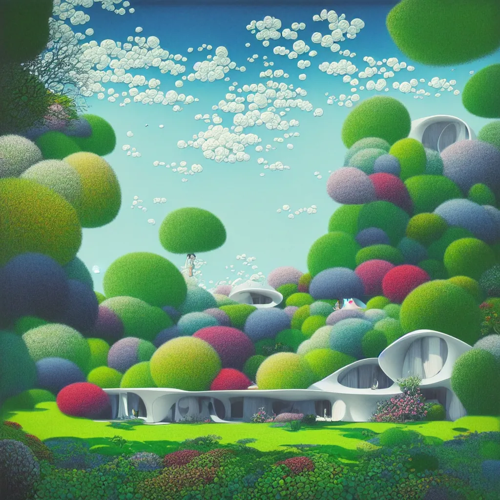 Prompt: garden villa by toyo ito, white sea cloud, summer morning, very coherent and colorful high contrast, art by! gediminas pranckevicius! geof darrow, pastel color, volumetric lighting, cinematic, floralpunk screen printing woodblock, dark shadows, hard lighting, stippling art