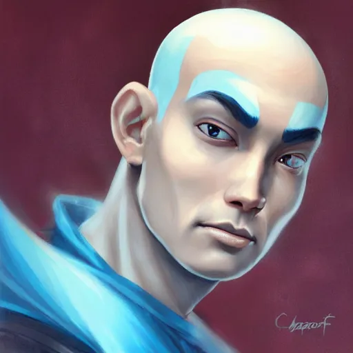 Image similar to Portrait of Aang,blue arrow paint going down his head, by Charlie Bowater