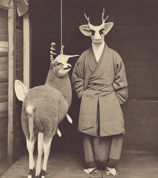 Image similar to 1 8 th century japanese street market in kyoto 1 9 0 0 s early photography portrait anthro anthropomorphic deer head animal person fursona wearing clothes street trader