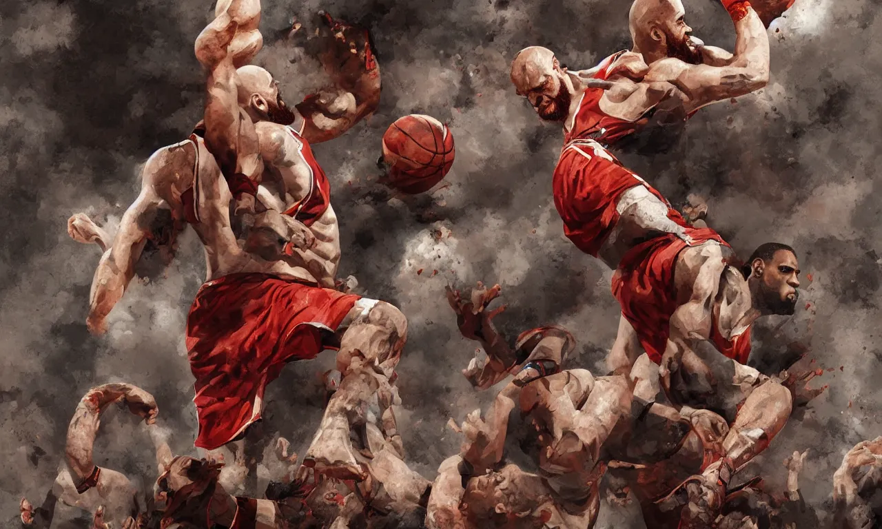 Image similar to a detailed digital painting rendition of kratos as lebron james throwing basketballs, art by norman rockwell