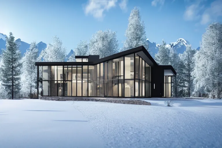 Image similar to modern modern fachwerk house with in the forest on the foot of Elbrus mountain covered by snow on the background, architecture, 3d render 8k , high details