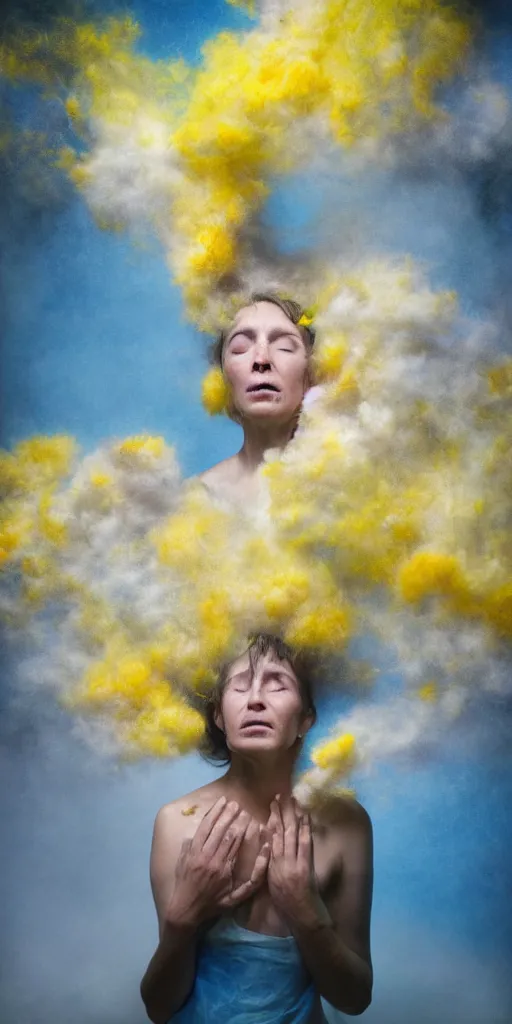 Image similar to woman crying covered in yellow and blue clouds, by kim keever