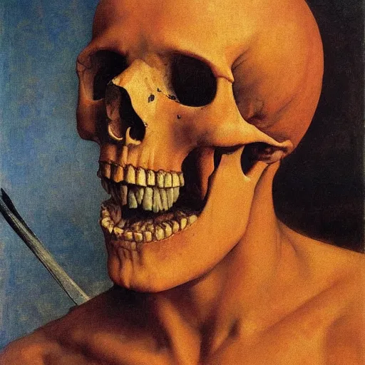 Prompt: Realistic painting of a swordsman with a skull for a face high-detailed oil painting by Ilya Repin, William Blake, Michelangelo da Caravaggio, Alex Grey and Beksinski, masterpiece, 4k