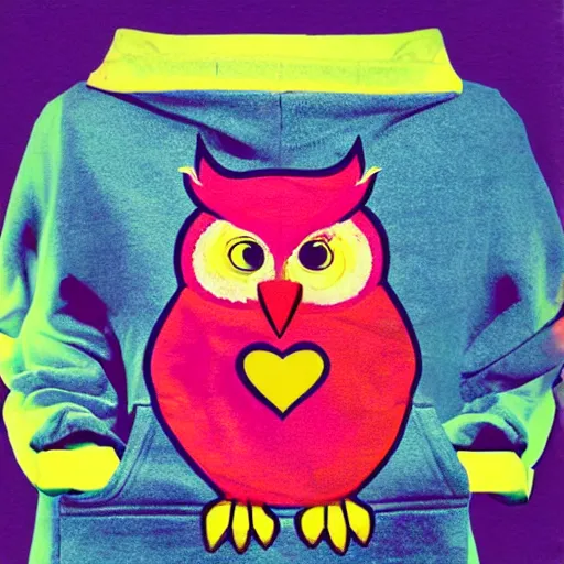 Image similar to anthropomorphic owl in a bright hoodie, holding polaroid camera, 9 0 - s fashion, polaroid photo, by warhol,