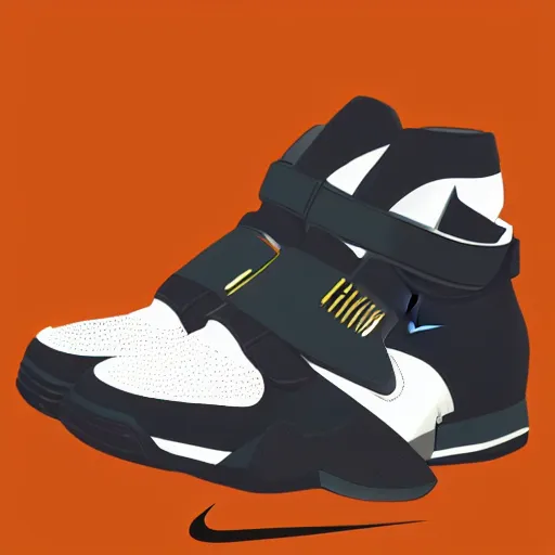 Prompt: retro futuristic Nike air trainer sneakers with straps by syd mead, grainy matte painting, geometric shapes