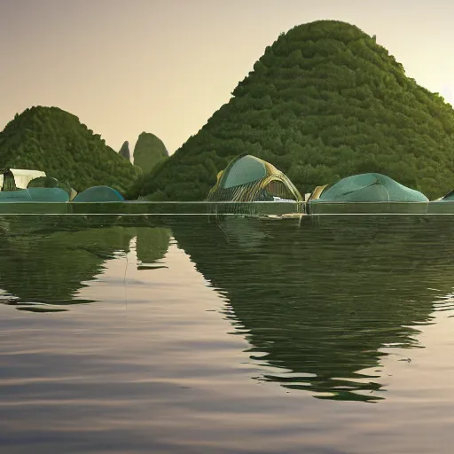 Prompt: floating islands with futuristic minimalistic houses on them floating above the chinese province, 8k, detailed, soft colors,