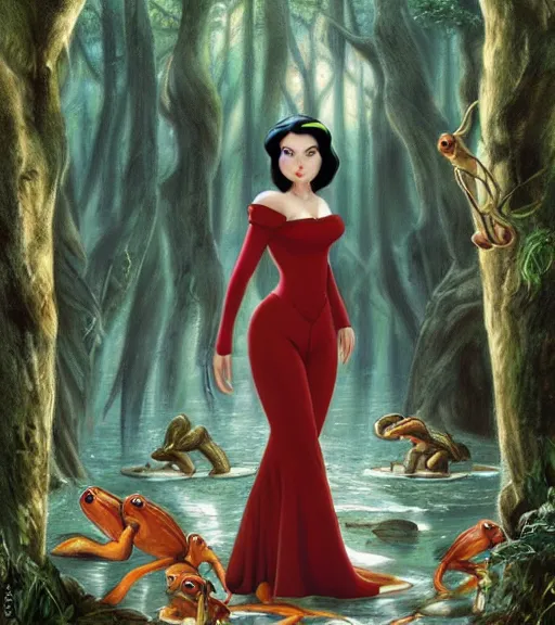 Prompt: film still of Monica Bellucci as snow white in a forest by a pond with frogs, by artgerm, makoto sinkai, magali villeneuve, Gil Elvgren, Earl Moran,Enoch Bolles, symmetrical,