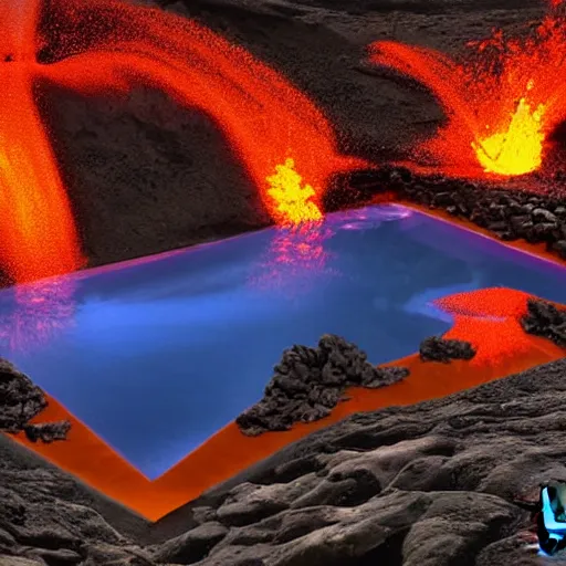 Image similar to A beautiful pool in the middle of a volcano throwing lava, digital art,