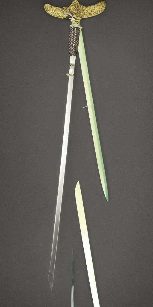 Prompt: photograph of a wide green and teal crystal double - edged sword blade attached to a big gold sword hilt