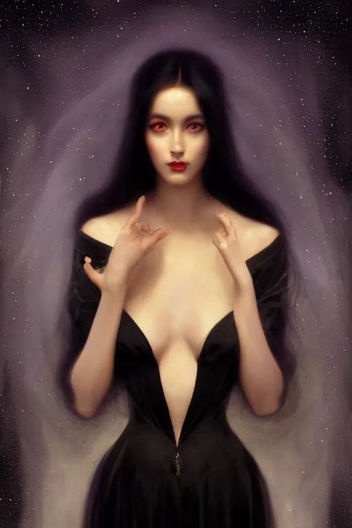 Image similar to Nocturne, glowing, stars, a long-legged elegant evil woman, long black hair, pearl amulet, highly detailed, mysterious, ethereal, dressed in black velvet, haute couture, illustration, dramatic lighting, soft details, painting, by Edmund Blair Leighton, Brom, Charlie Bowater, trending on artstation, faces by otto schmidt