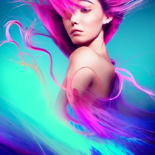 Image similar to a award winning half body portrait of a beautiful woman in a croptop with a ombre purple pink teal hairstyle with head in motion and hair flying, outrun, vaporware, vivid colors, highly detailed, fine detail, intricate