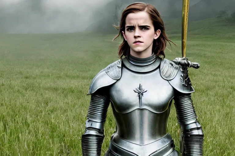 Prompt: promotional image of Emma Watson as Joan of Arc in the new movie directed by Ridley Scott, full suit of gilded plate armor, verdant green fields, god rays, detailed face, holding a sword, movie still, promotional image, imax 70 mm footage