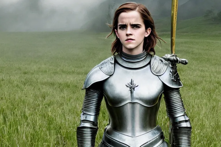 Image similar to promotional image of Emma Watson as Joan of Arc in the new movie directed by Ridley Scott, full suit of gilded plate armor, verdant green fields, god rays, detailed face, holding a sword, movie still, promotional image, imax 70 mm footage