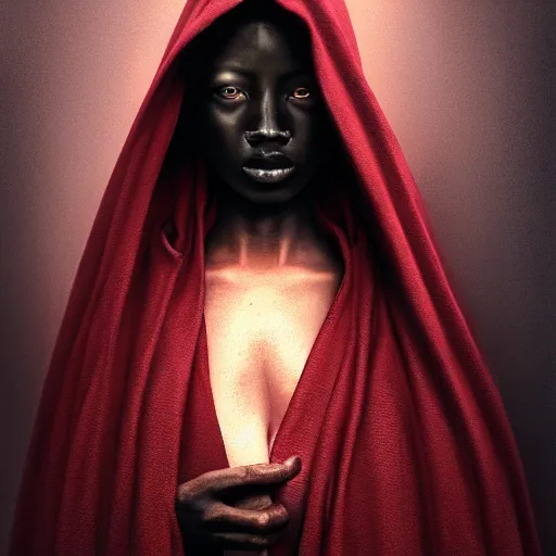 Image similar to a portrait of a young black woman wearing a long dark cloak, hood and shadows covering face, anatomically correct, beautiful perfect face, enigmatic, oil painting, matte painting, black background, Volumetric dynamic lighting, Highly Detailed, Cinematic Lighting, Unreal Engine, 8k, HD, by Beksinski