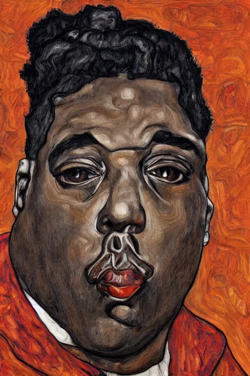 Image similar to a portrait of biggie small in style of egon schiele, masterpiece, hyperdetailed, complex, intricate, 4 k, trending on artstation