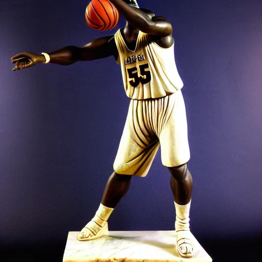 Prompt: ancient greek ancient statue marble sculpture of shaquille o'neal, full body, playing basketball, highly detailed