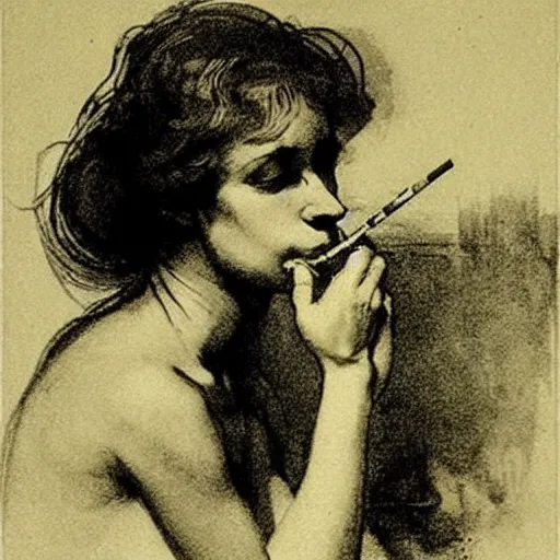 Prompt: the alchemical art of etching by master anders zorn. damsel smoking a long cigarette. ink highly detailed lines