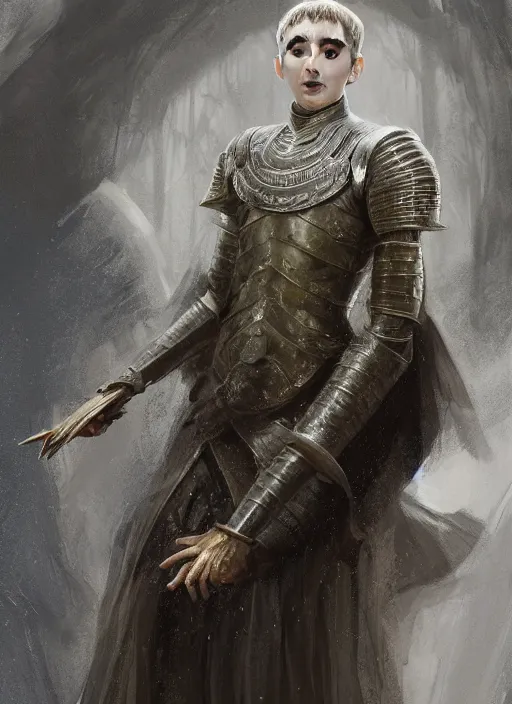 Prompt: a professional painting of Isaac Hempstead-Wright as King, clothed in ethereal armor, olive skin, long dark hair, beautiful bone structure, symmetrical facial features, intricate, elegant, digital painting, concept art, smooth, sharp focus, illustration, from Game of thrones, by Ruan Jia and Mandy Jurgens and Artgerm and William-Adolphe Bouguerea