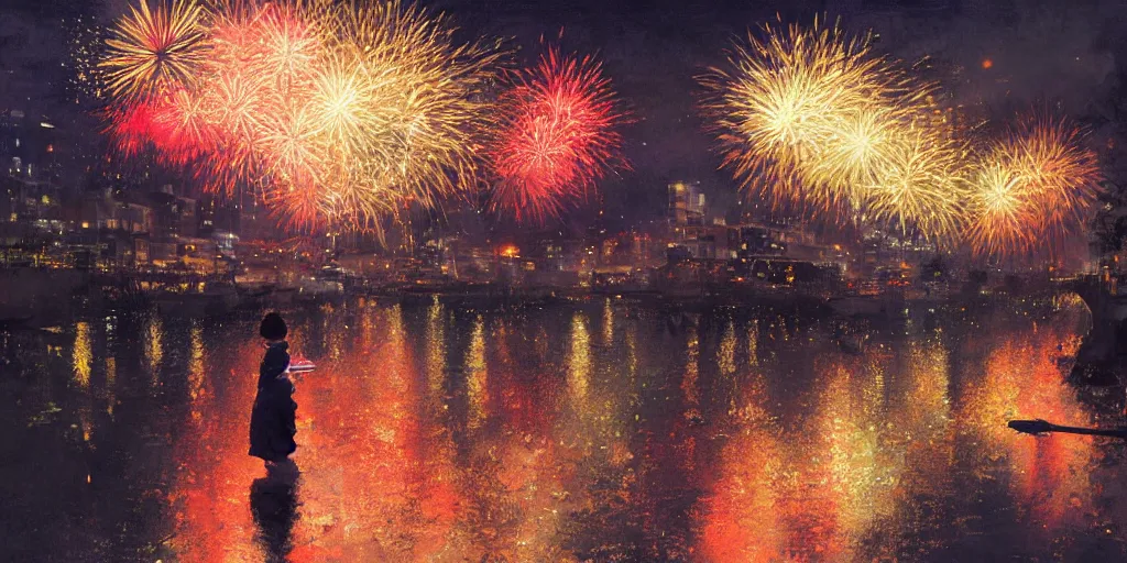 Image similar to anime kyoto animation key by greg rutkowski night, fireworks festival at river bank, kimono