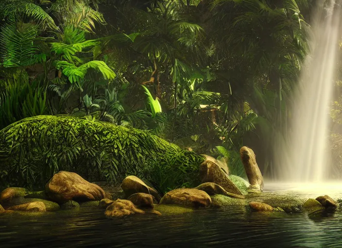 Prompt: great jungle turquiose waterfall, highly detailed, mist, god rays, cinematic, cinematic lighting, octane render, ultra details, 8K