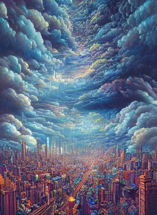 Image similar to a beautiful painting by oliver vernon of a glitched city behind clouds, realistic colors