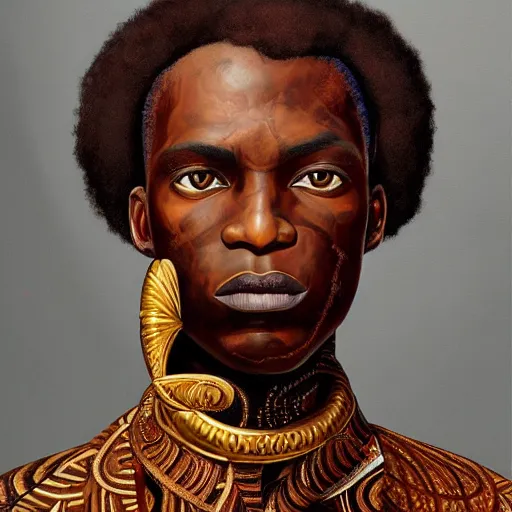 Prompt: a professionally painted african male model , clothed in ancient, dark skin, red gold hair, beautiful bone structure, symmetrical facial features, stunningly beautiful, intricate, elegant, digital painting, smooth, sharp focus, illustration, made by Kehinde Wiley, Kara Walker, Jacob Lawrence, Sam Gilliam, Edmonia Lewis
