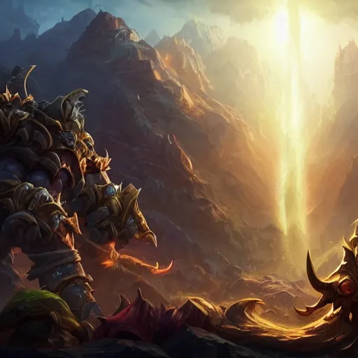 Image similar to a beautiful landscape of orgrimmar, an amazing splashscreen artwork, splash art, natural light, elegant, photorealistic facial features, intricate, fantasy, detailed face, atmospheric lighting, anamorphic lens flare, cinematic lighting, league of legends splash art, hd wallpaper, ultra high details by greg rutkowski