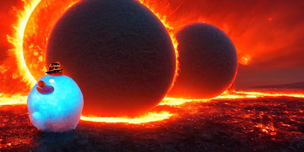 Image similar to a melted glowing snowman melting on top of the sun. the ground is made of fire and lava and is glowing orange. cinematic, dramatic, epic, volumetric lighting, atmospheric, red, orange extremely coherent, masterpiece, highly detailed, trending on artstation, 8 k, space, warm, solar flare, blade runner 2 0 4 9