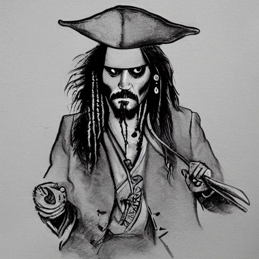 Image similar to Courtroom Sketch of Jack Sparrow on trial, holding a jar of scat in hand