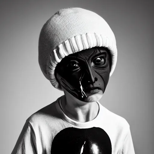 Image similar to the face of punk rock alien boy at 5 years old wearing balenciaga clothing, black and white portrait by julia cameron, chiaroscuro lighting, shallow depth of field, 8 0 mm, f 1. 8