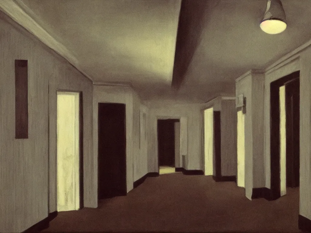 Image similar to the shinning hotel hallway, 70s, americana, dim, dark, lone scary silhouette in the distance, ultra view angle view, realistic detailed painting by edward hopper