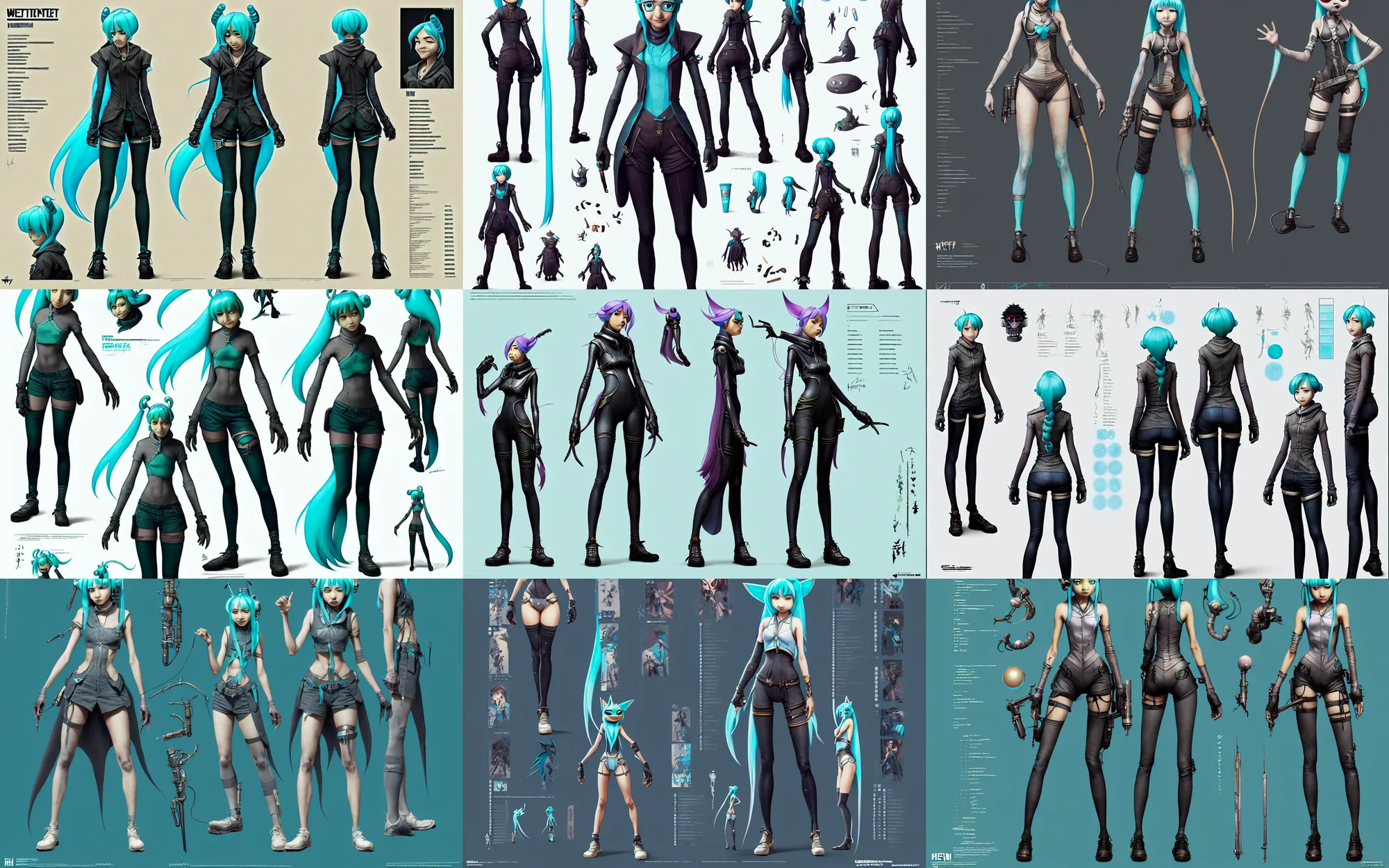 Prompt: weta disney pixar movie character sheet of hatsune miku as badass cyberpunk pin up by pixar, hieronymus bosch, greg rutkowski, jamie hewlett, artgerm, character sheet, unreal engine, metahumans, anime