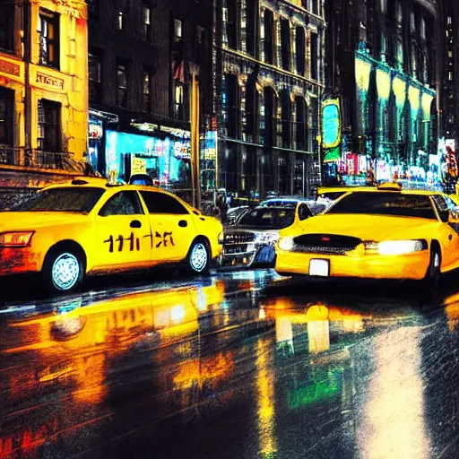 Prompt: « a man walking in a night raining streets, new york, big city, taxi, cars, shops one the side with neons, digital art, highly detailed »