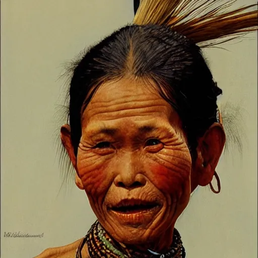 Prompt: high quality high detail painting by norman rockwell, hd, a skinny beautiful kayan female tribe leader, hair in wind, photorealistic lighting