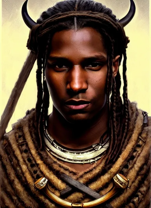 Prompt: portrait of asap rocky as a viking, intricate, headshot, highly detailed, digital painting, artstation, concept art, sharp focus, cinematic lighting, illustration, art by artgerm and greg rutkowski, alphonse mucha, cgsociety