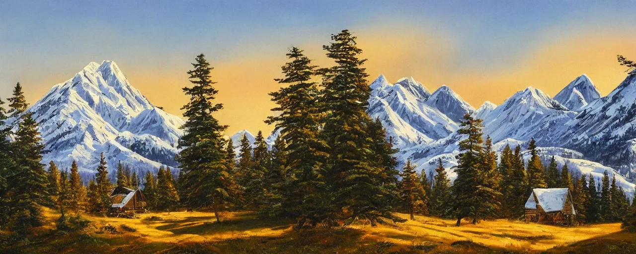 Prompt: landscape with a cabin in the woods, golden hour, snowcapped mountains in the distance with rolling hills covered in snow, evergreen trees painted by bob ross