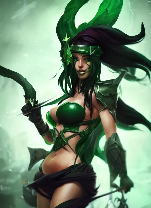 Image similar to dark akali, from league of legends, holding green daggers, ninja costume, hyper detailed, digital art, trending in artstation, cinematic lighting, studio quality, smooth render, unreal engine 5 rendered, octane rendered, art style by klimt and nixeu and ian sprigger and wlop and krenz cushart