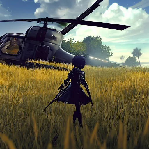 Image similar to a high resolution very detailed image of 9 s downing a helicopter in boss fight from nier : automata in yellow rye field under pure blue skies