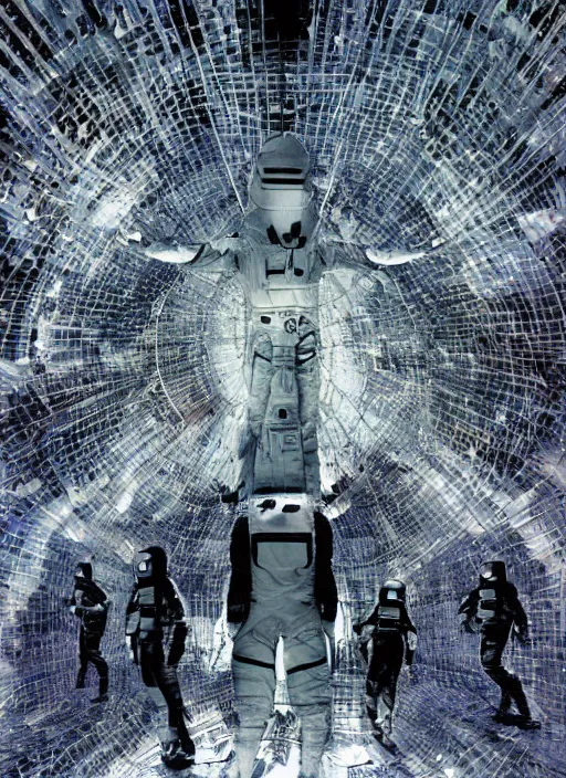 Prompt: astronauts in dark and empty mirrored room - complex and hyperdetailed technical suit. reflection and dispersion materials. rays and dispersion of light. volumetric light. 5 0 mm, f / 3 2. noise film photo. flash photography. ultra realistic, wide angle. poster by wayne barlowe, hajime sorayama aaron horkey, craig mullins