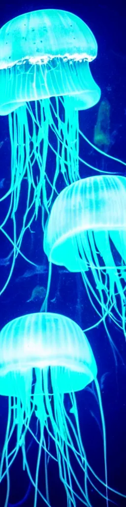 Image similar to a deep sea translucent bioluminescent jellyfish glowing indigo, hyperrealistic, extremely detailed, underwater photography