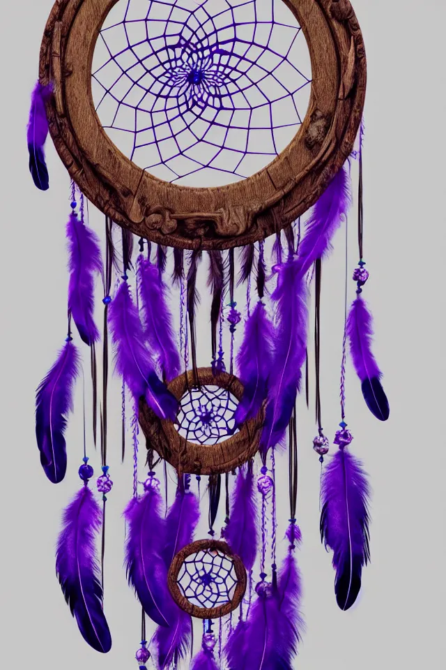 Image similar to a beautiful and intricate dreamcatcher made from bone and gnarled wood and blue and purple feathers, twisting, twirling, loops, hexagonal shapes, concept art, highly detailed, realistic, ornate, fine detail, 4k, octane render, vray, unreal engine