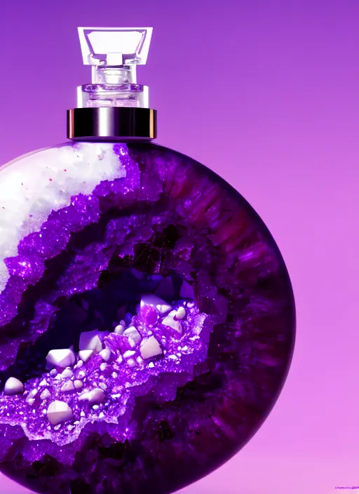 Image similar to perfume bottle in a purple geode cave, up close shot, sharp focus, global illumination, radiant light, alexandre ferra white mecha, irakli nadar, octane highly render, 4 k, ultra hd,